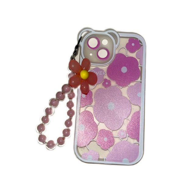 iPhone 13 transparent pink flower prints w/ cute wristlet charm phone case - Picture 1 of 4